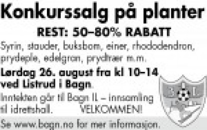 Sluttsalg planter lørdag 24. august